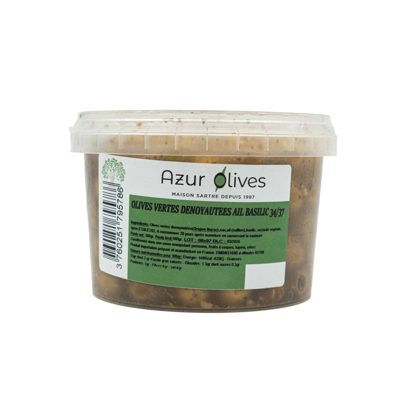 Olives Vertes dénoyautées Ail Basilic